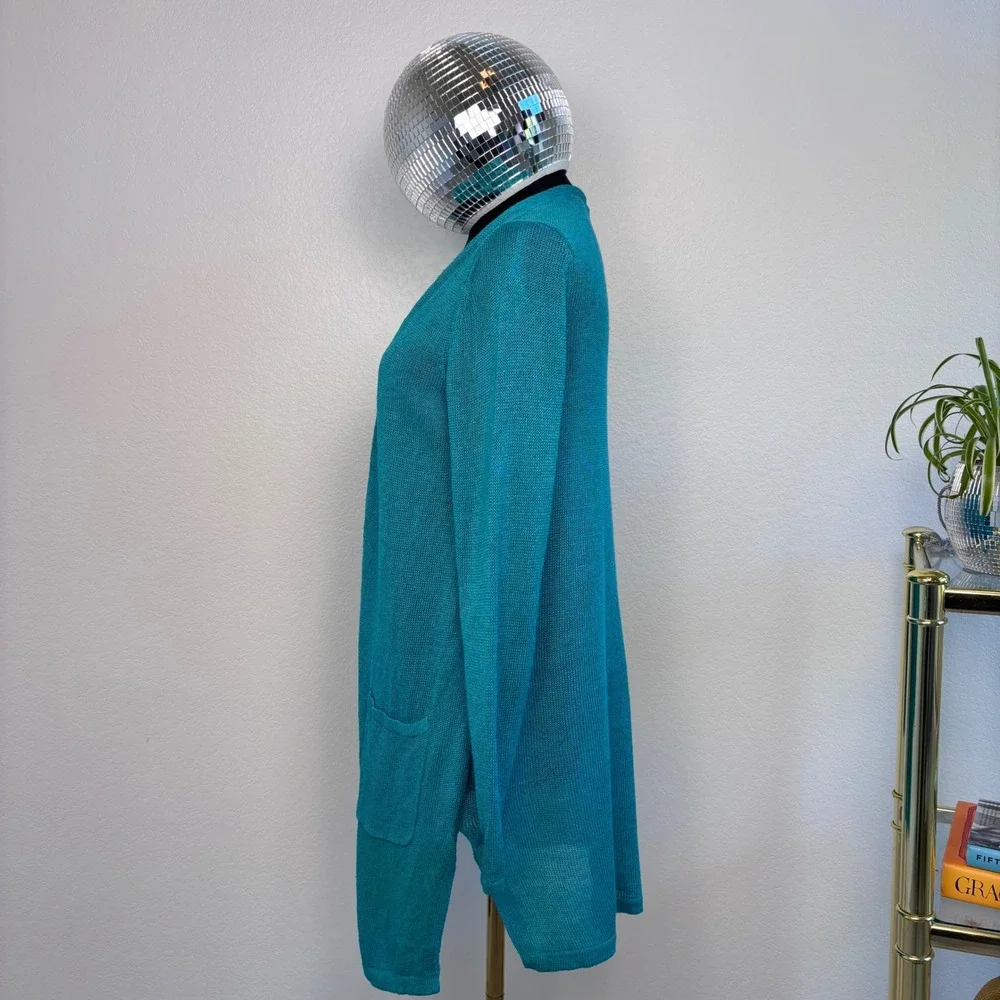 J. Jill Linen Blend‎ Open Front Cardigan, Petite Medium, Teal Coastal beachy